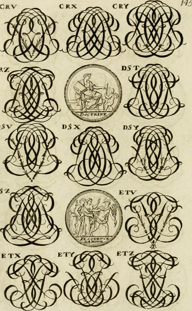 An illustration from Recueil d'emblêmes, devises, medailles, et figures hieroglyphiques, au nombre de plus de douze cent, avec leurs explications : accompagné de plus de deux mille chiffres fleuronnez simples, doubles & triples ... : cet ouvrage qui est enrichy de deux cens cinquante planches en taille-douce, est très-utile aux graveurs, peintres, sculpteurs, orfevres, brodeurs, serruriers & à tous ceux qui travaillent au dessein, 1724, leaf 303