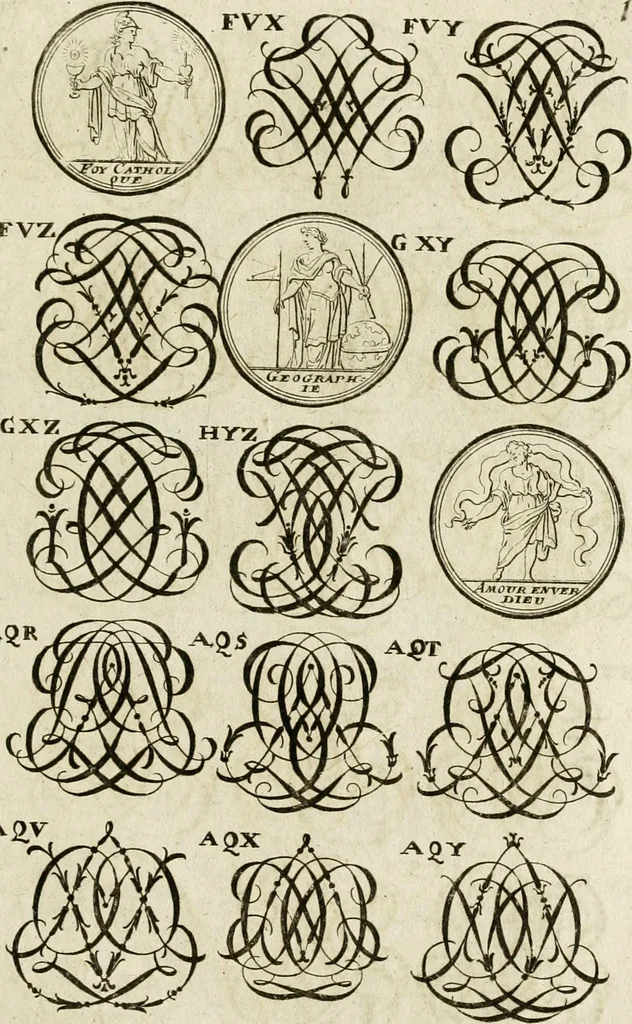 An illustration from Recueil d'emblêmes, devises, medailles, et figures hieroglyphiques, au nombre de plus de douze cent, avec leurs explications : accompagné de plus de deux mille chiffres fleuronnez simples, doubles & triples ... : cet ouvrage qui est enrichy de deux cens cinquante planches en taille-douce, est très-utile aux graveurs, peintres, sculpteurs, orfevres, brodeurs, serruriers & à tous ceux qui travaillent au dessein, 1724, leaf 304