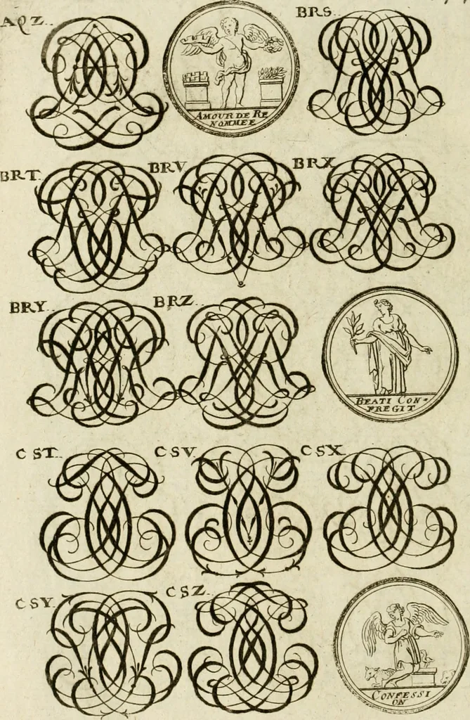 An illustration from Recueil d'emblêmes, devises, medailles, et figures hieroglyphiques, au nombre de plus de douze cent, avec leurs explications : accompagné de plus de deux mille chiffres fleuronnez simples, doubles & triples ... : cet ouvrage qui est enrichy de deux cens cinquante planches en taille-douce, est très-utile aux graveurs, peintres, sculpteurs, orfevres, brodeurs, serruriers & à tous ceux qui travaillent au dessein, 1724, leaf 305