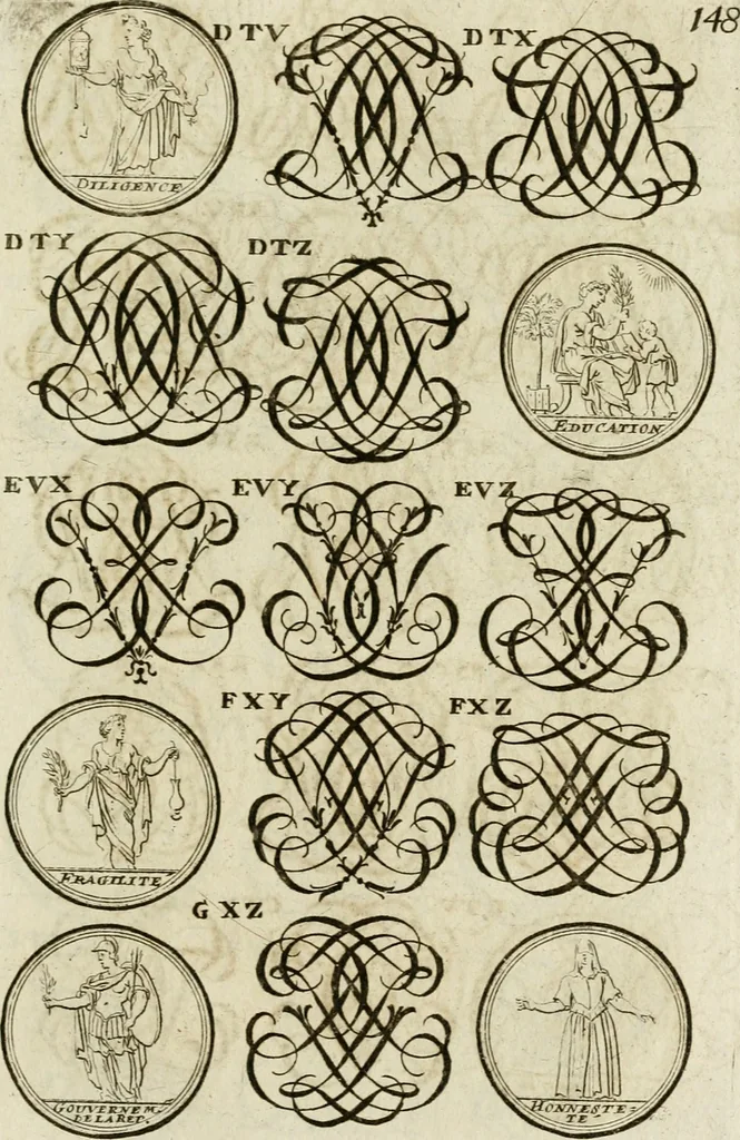 An illustration from Recueil d'emblêmes, devises, medailles, et figures hieroglyphiques, au nombre de plus de douze cent, avec leurs explications : accompagné de plus de deux mille chiffres fleuronnez simples, doubles & triples ... : cet ouvrage qui est enrichy de deux cens cinquante planches en taille-douce, est très-utile aux graveurs, peintres, sculpteurs, orfevres, brodeurs, serruriers & à tous ceux qui travaillent au dessein, 1724, leaf 306