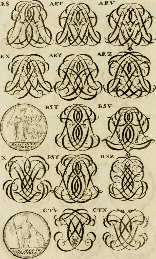An illustration from Recueil d'emblêmes, devises, medailles, et figures hieroglyphiques, au nombre de plus de douze cent, avec leurs explications : accompagné de plus de deux mille chiffres fleuronnez simples, doubles & triples ... : cet ouvrage qui est enrichy de deux cens cinquante planches en taille-douce, est très-utile aux graveurs, peintres, sculpteurs, orfevres, brodeurs, serruriers & à tous ceux qui travaillent au dessein, 1724, leaf 307