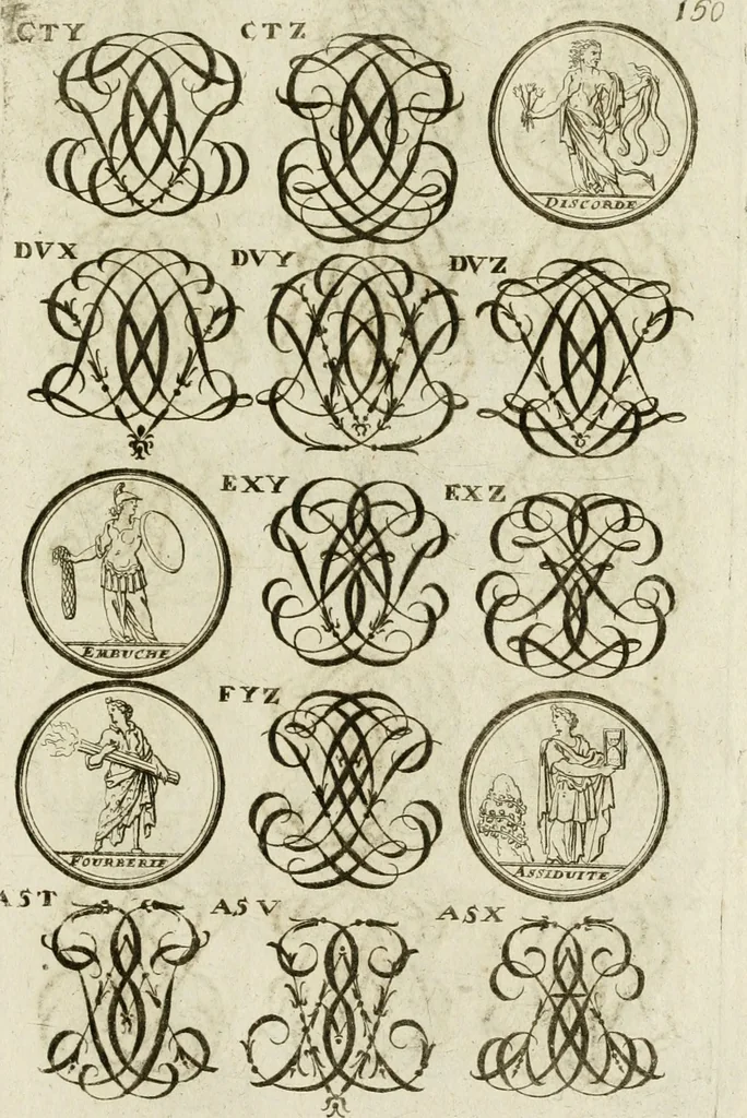 An illustration from Recueil d'emblêmes, devises, medailles, et figures hieroglyphiques, au nombre de plus de douze cent, avec leurs explications : accompagné de plus de deux mille chiffres fleuronnez simples, doubles & triples ... : cet ouvrage qui est enrichy de deux cens cinquante planches en taille-douce, est très-utile aux graveurs, peintres, sculpteurs, orfevres, brodeurs, serruriers & à tous ceux qui travaillent au dessein, 1724, leaf 308