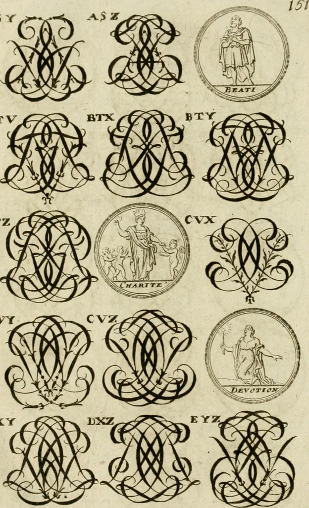 An illustration from Recueil d'emblêmes, devises, medailles, et figures hieroglyphiques, au nombre de plus de douze cent, avec leurs explications : accompagné de plus de deux mille chiffres fleuronnez simples, doubles & triples ... : cet ouvrage qui est enrichy de deux cens cinquante planches en taille-douce, est très-utile aux graveurs, peintres, sculpteurs, orfevres, brodeurs, serruriers & à tous ceux qui travaillent au dessein, 1724, leaf 309