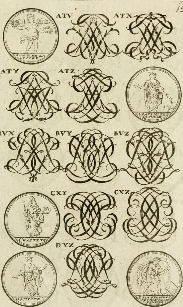 An illustration from Recueil d'emblêmes, devises, medailles, et figures hieroglyphiques, au nombre de plus de douze cent, avec leurs explications : accompagné de plus de deux mille chiffres fleuronnez simples, doubles & triples ... : cet ouvrage qui est enrichy de deux cens cinquante planches en taille-douce, est très-utile aux graveurs, peintres, sculpteurs, orfevres, brodeurs, serruriers & à tous ceux qui travaillent au dessein, 1724, leaf 310