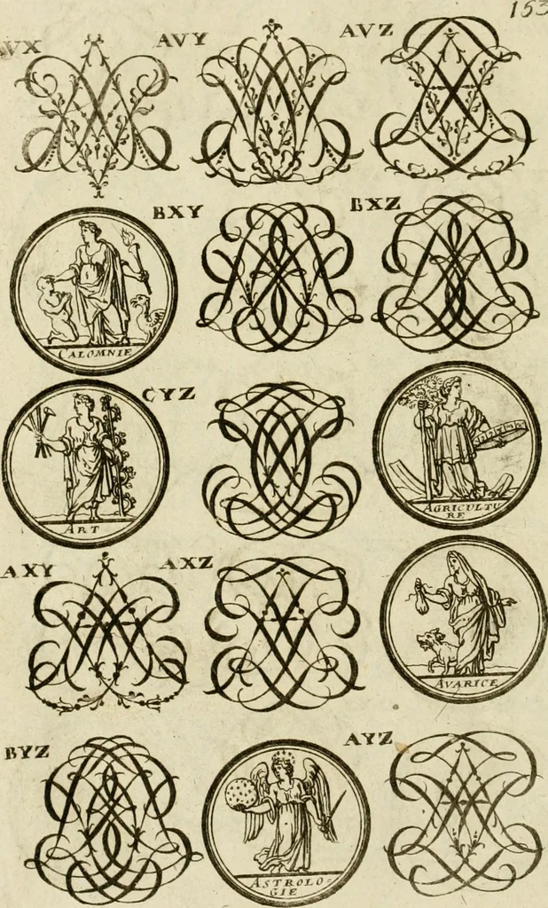An illustration from Recueil d'emblêmes, devises, medailles, et figures hieroglyphiques, au nombre de plus de douze cent, avec leurs explications : accompagné de plus de deux mille chiffres fleuronnez simples, doubles & triples ... : cet ouvrage qui est enrichy de deux cens cinquante planches en taille-douce, est très-utile aux graveurs, peintres, sculpteurs, orfevres, brodeurs, serruriers & à tous ceux qui travaillent au dessein, 1724, leaf 311