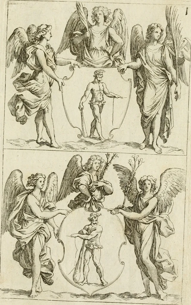 An illustration from Recueil d'emblêmes, devises, medailles, et figures hieroglyphiques, au nombre de plus de douze cent, avec leurs explications : accompagné de plus de deux mille chiffres fleuronnez simples, doubles & triples ... : cet ouvrage qui est enrichy de deux cens cinquante planches en taille-douce, est très-utile aux graveurs, peintres, sculpteurs, orfevres, brodeurs, serruriers & à tous ceux qui travaillent au dessein, 1724, leaf 338