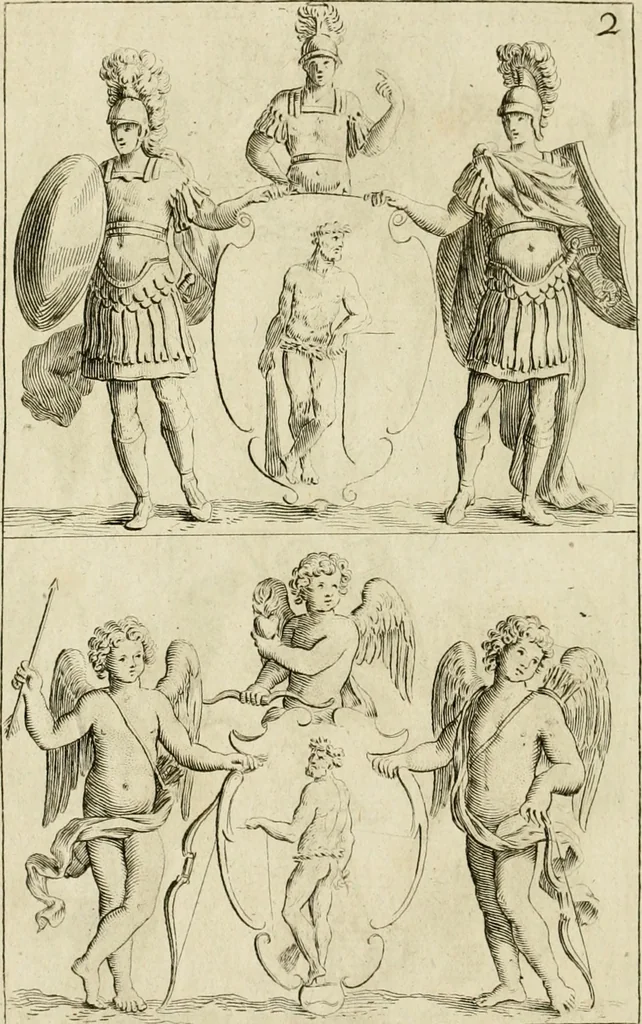 An illustration from Recueil d'emblêmes, devises, medailles, et figures hieroglyphiques, au nombre de plus de douze cent, avec leurs explications : accompagné de plus de deux mille chiffres fleuronnez simples, doubles & triples ... : cet ouvrage qui est enrichy de deux cens cinquante planches en taille-douce, est très-utile aux graveurs, peintres, sculpteurs, orfevres, brodeurs, serruriers & à tous ceux qui travaillent au dessein, 1724, leaf 339