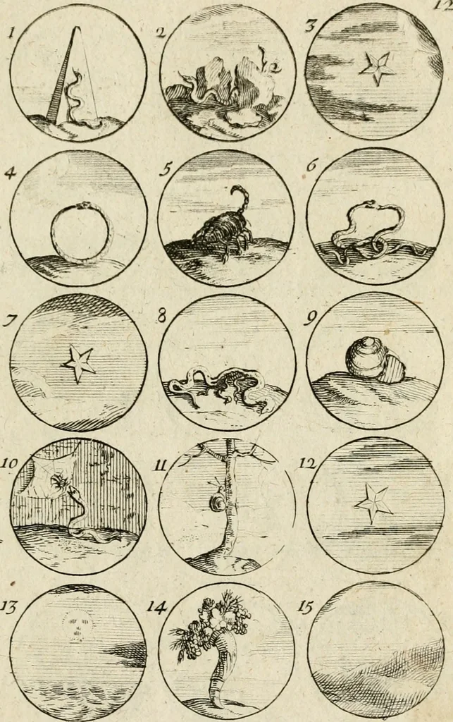An illustration from Recueil d'emblêmes, devises, medailles, et figures hieroglyphiques, au nombre de plus de douze cent, avec leurs explications : accompagné de plus de deux mille chiffres fleuronnez simples, doubles & triples ... : cet ouvrage qui est enrichy de deux cens cinquante planches en taille-douce, est très-utile aux graveurs, peintres, sculpteurs, orfevres, brodeurs, serruriers & à tous ceux qui travaillent au dessein, 1724, leaf 34