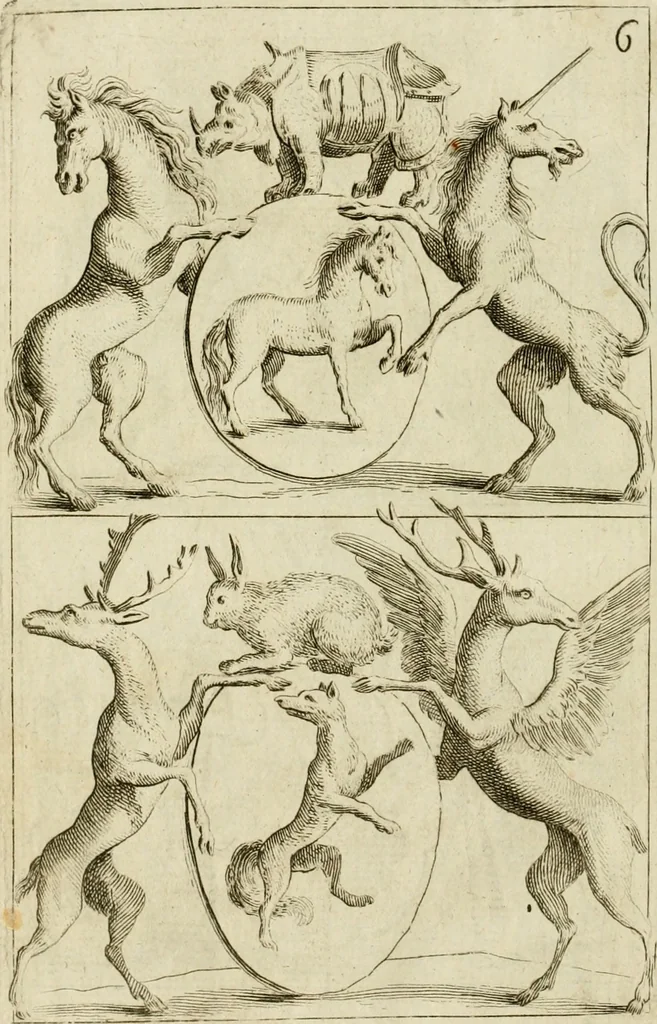 An illustration from Recueil d'emblêmes, devises, medailles, et figures hieroglyphiques, au nombre de plus de douze cent, avec leurs explications : accompagné de plus de deux mille chiffres fleuronnez simples, doubles & triples ... : cet ouvrage qui est enrichy de deux cens cinquante planches en taille-douce, est très-utile aux graveurs, peintres, sculpteurs, orfevres, brodeurs, serruriers & à tous ceux qui travaillent au dessein, 1724, leaf 341