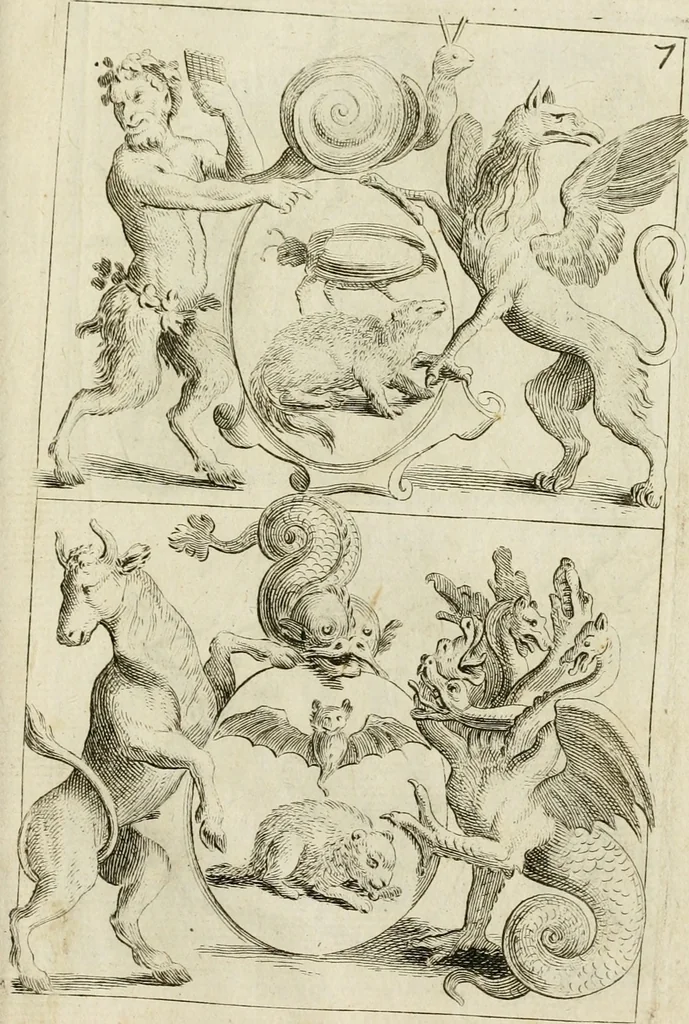 An illustration from Recueil d'emblêmes, devises, medailles, et figures hieroglyphiques, au nombre de plus de douze cent, avec leurs explications : accompagné de plus de deux mille chiffres fleuronnez simples, doubles & triples ... : cet ouvrage qui est enrichy de deux cens cinquante planches en taille-douce, est très-utile aux graveurs, peintres, sculpteurs, orfevres, brodeurs, serruriers & à tous ceux qui travaillent au dessein, 1724, leaf 342