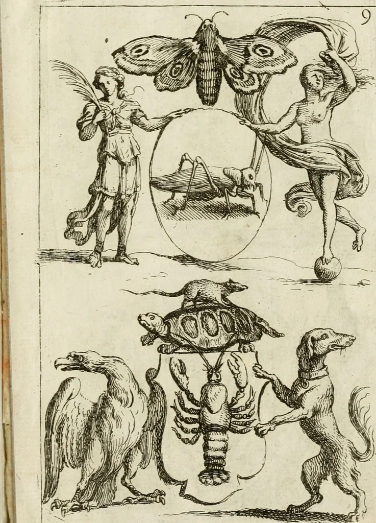 An illustration from Recueil d'emblêmes, devises, medailles, et figures hieroglyphiques, au nombre de plus de douze cent, avec leurs explications : accompagné de plus de deux mille chiffres fleuronnez simples, doubles & triples ... : cet ouvrage qui est enrichy de deux cens cinquante planches en taille-douce, est très-utile aux graveurs, peintres, sculpteurs, orfevres, brodeurs, serruriers & à tous ceux qui travaillent au dessein, 1724, leaf 344