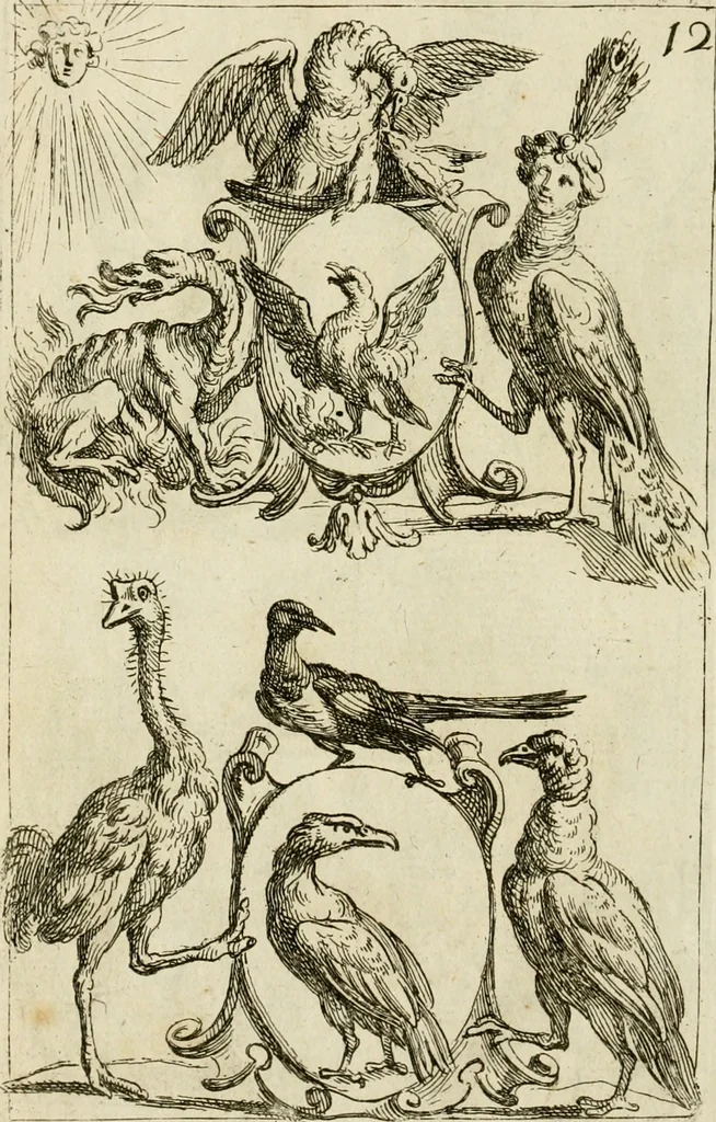 An illustration from Recueil d'emblêmes, devises, medailles, et figures hieroglyphiques, au nombre de plus de douze cent, avec leurs explications : accompagné de plus de deux mille chiffres fleuronnez simples, doubles & triples ... : cet ouvrage qui est enrichy de deux cens cinquante planches en taille-douce, est très-utile aux graveurs, peintres, sculpteurs, orfevres, brodeurs, serruriers & à tous ceux qui travaillent au dessein, 1724, leaf 347