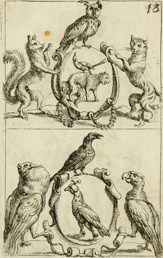 An illustration from Recueil d'emblêmes, devises, medailles, et figures hieroglyphiques, au nombre de plus de douze cent, avec leurs explications : accompagné de plus de deux mille chiffres fleuronnez simples, doubles & triples ... : cet ouvrage qui est enrichy de deux cens cinquante planches en taille-douce, est très-utile aux graveurs, peintres, sculpteurs, orfevres, brodeurs, serruriers & à tous ceux qui travaillent au dessein, 1724, leaf 348