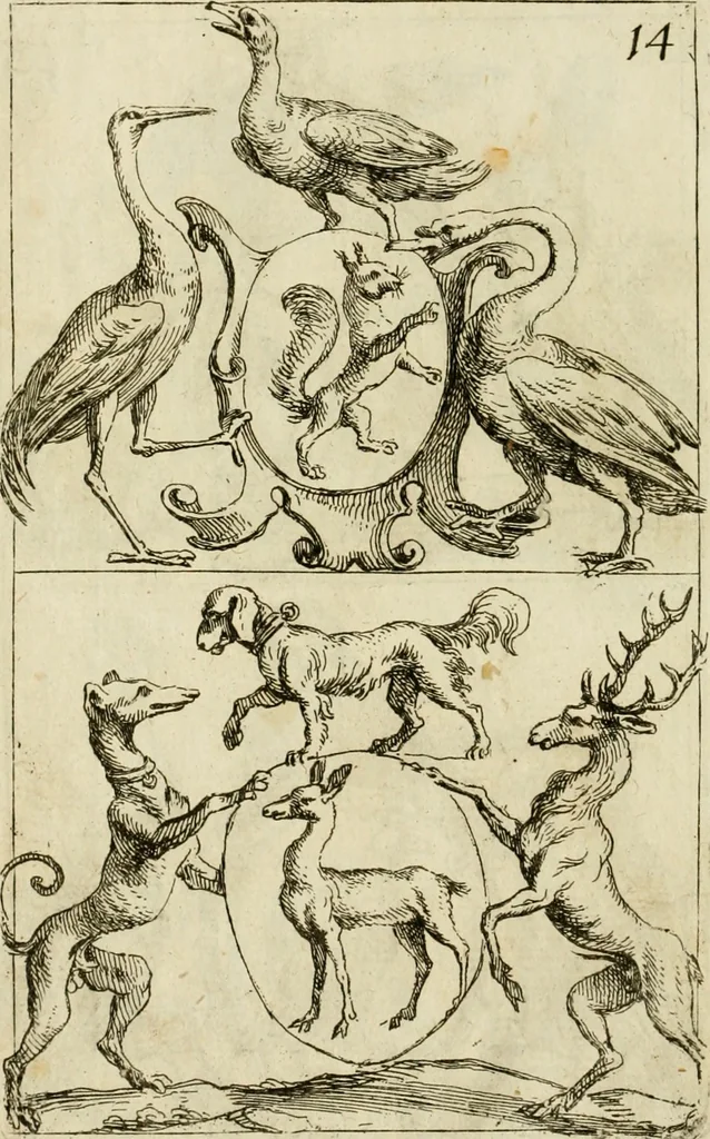 An illustration from Recueil d'emblêmes, devises, medailles, et figures hieroglyphiques, au nombre de plus de douze cent, avec leurs explications : accompagné de plus de deux mille chiffres fleuronnez simples, doubles & triples ... : cet ouvrage qui est enrichy de deux cens cinquante planches en taille-douce, est très-utile aux graveurs, peintres, sculpteurs, orfevres, brodeurs, serruriers & à tous ceux qui travaillent au dessein, 1724, leaf 349