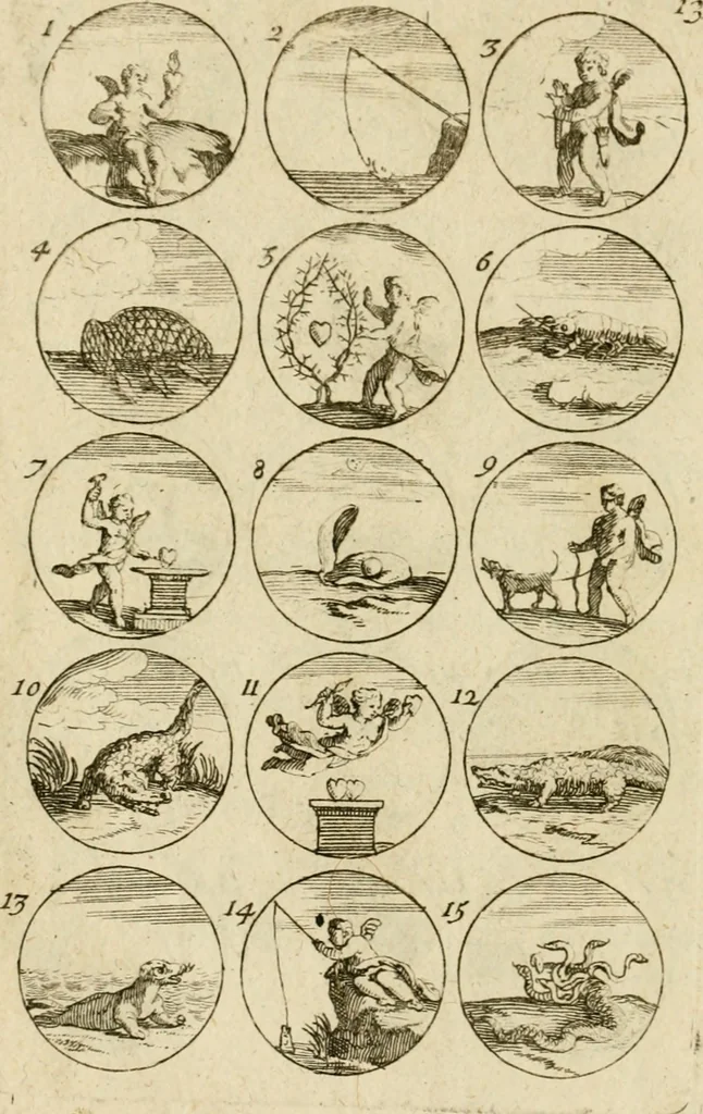 An illustration from Recueil d'emblêmes, devises, medailles, et figures hieroglyphiques, au nombre de plus de douze cent, avec leurs explications : accompagné de plus de deux mille chiffres fleuronnez simples, doubles & triples ... : cet ouvrage qui est enrichy de deux cens cinquante planches en taille-douce, est très-utile aux graveurs, peintres, sculpteurs, orfevres, brodeurs, serruriers & à tous ceux qui travaillent au dessein, 1724, leaf 35