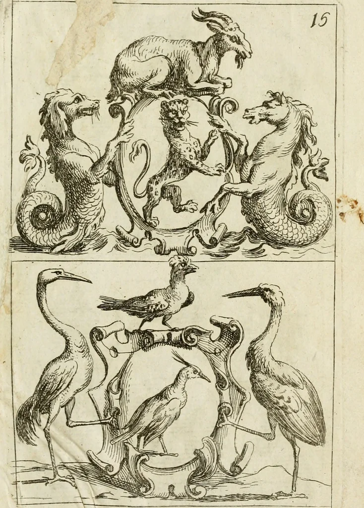 An illustration from Recueil d'emblêmes, devises, medailles, et figures hieroglyphiques, au nombre de plus de douze cent, avec leurs explications : accompagné de plus de deux mille chiffres fleuronnez simples, doubles & triples ... : cet ouvrage qui est enrichy de deux cens cinquante planches en taille-douce, est très-utile aux graveurs, peintres, sculpteurs, orfevres, brodeurs, serruriers & à tous ceux qui travaillent au dessein, 1724, leaf 350