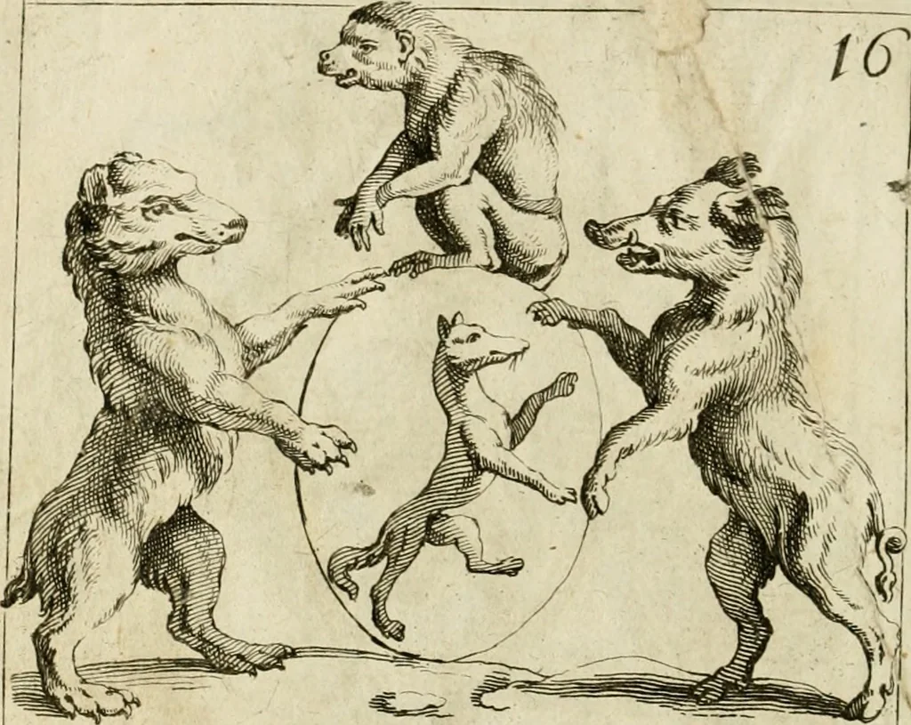 An illustration from Recueil d'emblêmes, devises, medailles, et figures hieroglyphiques, au nombre de plus de douze cent, avec leurs explications : accompagné de plus de deux mille chiffres fleuronnez simples, doubles & triples ... : cet ouvrage qui est enrichy de deux cens cinquante planches en taille-douce, est très-utile aux graveurs, peintres, sculpteurs, orfevres, brodeurs, serruriers & à tous ceux qui travaillent au dessein, 1724, leaf 351