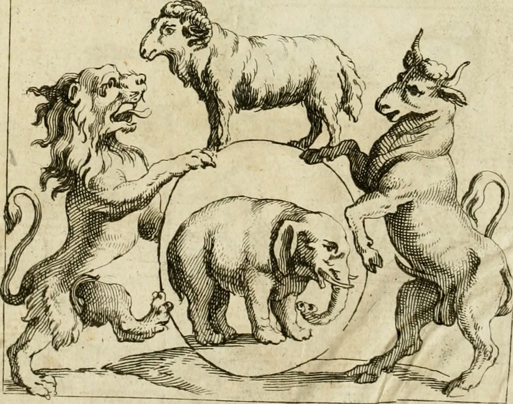 An illustration from Recueil d'emblêmes, devises, medailles, et figures hieroglyphiques, au nombre de plus de douze cent, avec leurs explications : accompagné de plus de deux mille chiffres fleuronnez simples, doubles & triples ... : cet ouvrage qui est enrichy de deux cens cinquante planches en taille-douce, est très-utile aux graveurs, peintres, sculpteurs, orfevres, brodeurs, serruriers & à tous ceux qui travaillent au dessein, 1724, leaf 351