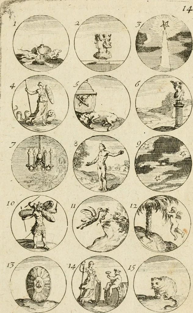 An illustration from Recueil d'emblêmes, devises, medailles, et figures hieroglyphiques, au nombre de plus de douze cent, avec leurs explications : accompagné de plus de deux mille chiffres fleuronnez simples, doubles & triples ... : cet ouvrage qui est enrichy de deux cens cinquante planches en taille-douce, est très-utile aux graveurs, peintres, sculpteurs, orfevres, brodeurs, serruriers & à tous ceux qui travaillent au dessein, 1724, leaf 38