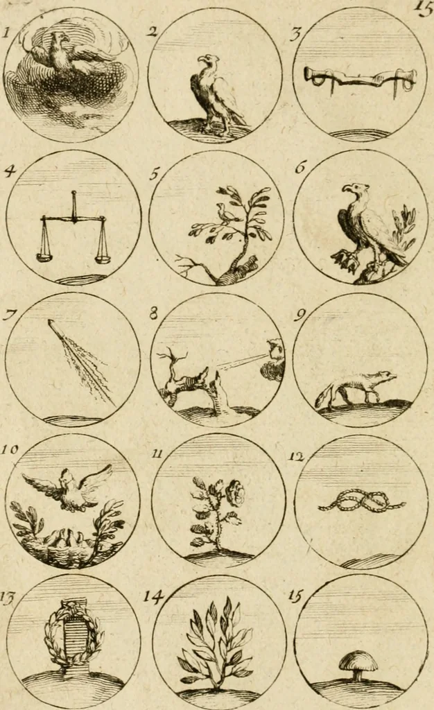An illustration from Recueil d'emblêmes, devises, medailles, et figures hieroglyphiques, au nombre de plus de douze cent, avec leurs explications : accompagné de plus de deux mille chiffres fleuronnez simples, doubles & triples ... : cet ouvrage qui est enrichy de deux cens cinquante planches en taille-douce, est très-utile aux graveurs, peintres, sculpteurs, orfevres, brodeurs, serruriers & à tous ceux qui travaillent au dessein, 1724, leaf 39