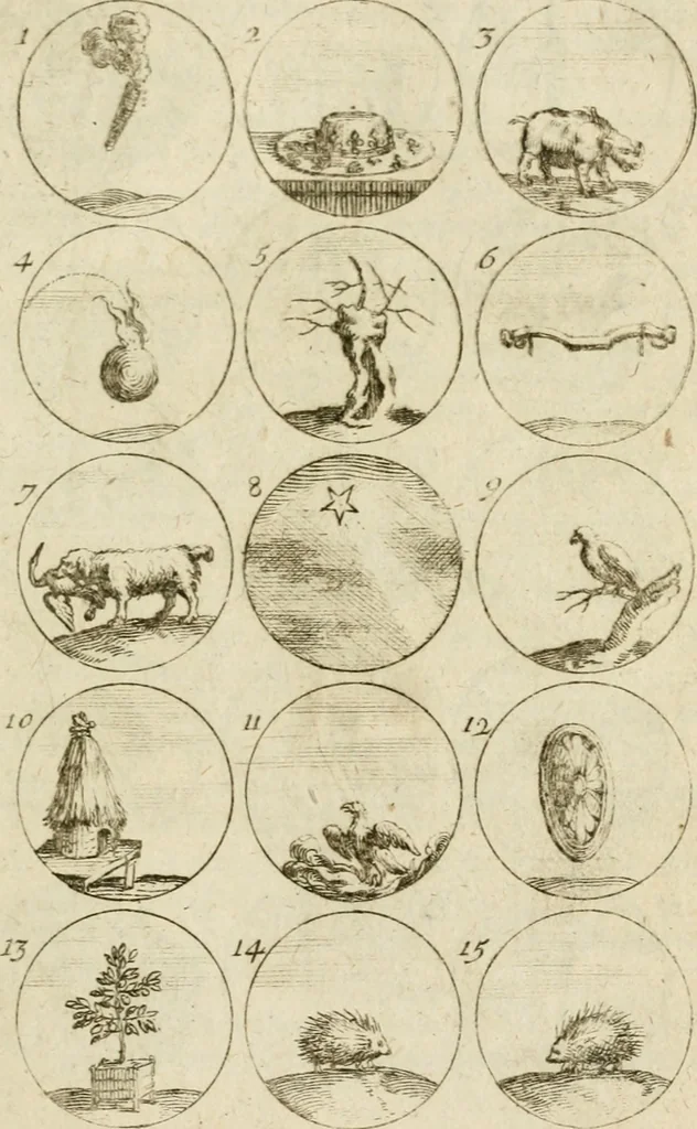 An illustration from Recueil d'emblêmes, devises, medailles, et figures hieroglyphiques, au nombre de plus de douze cent, avec leurs explications : accompagné de plus de deux mille chiffres fleuronnez simples, doubles & triples ... : cet ouvrage qui est enrichy de deux cens cinquante planches en taille-douce, est très-utile aux graveurs, peintres, sculpteurs, orfevres, brodeurs, serruriers & à tous ceux qui travaillent au dessein, 1724, leaf 42