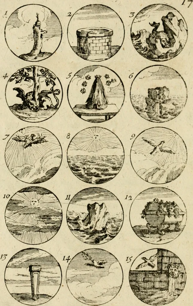 An illustration from Recueil d'emblêmes, devises, medailles, et figures hieroglyphiques, au nombre de plus de douze cent, avec leurs explications : accompagné de plus de deux mille chiffres fleuronnez simples, doubles & triples ... : cet ouvrage qui est enrichy de deux cens cinquante planches en taille-douce, est très-utile aux graveurs, peintres, sculpteurs, orfevres, brodeurs, serruriers & à tous ceux qui travaillent au dessein, 1724, leaf 43