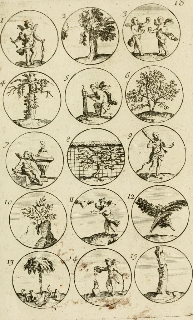 An illustration from Recueil d'emblêmes, devises, medailles, et figures hieroglyphiques, au nombre de plus de douze cent, avec leurs explications : accompagné de plus de deux mille chiffres fleuronnez simples, doubles & triples ... : cet ouvrage qui est enrichy de deux cens cinquante planches en taille-douce, est très-utile aux graveurs, peintres, sculpteurs, orfevres, brodeurs, serruriers & à tous ceux qui travaillent au dessein, 1724, leaf 46
