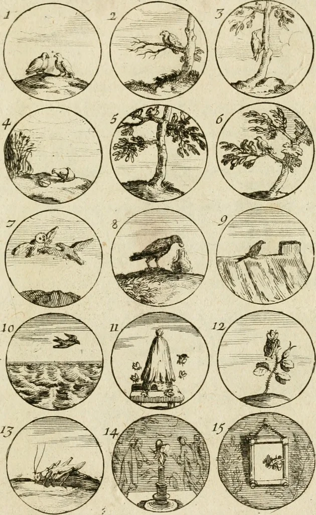 An illustration from Recueil d'emblêmes, devises, medailles, et figures hieroglyphiques, au nombre de plus de douze cent, avec leurs explications : accompagné de plus de deux mille chiffres fleuronnez simples, doubles & triples ... : cet ouvrage qui est enrichy de deux cens cinquante planches en taille-douce, est très-utile aux graveurs, peintres, sculpteurs, orfevres, brodeurs, serruriers & à tous ceux qui travaillent au dessein, 1724, leaf 54