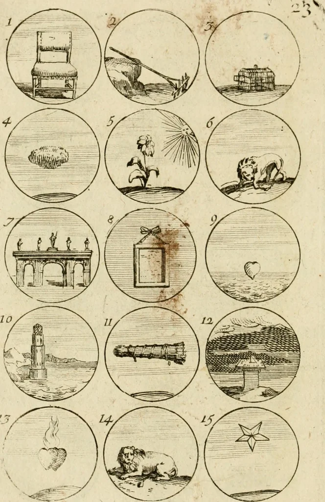 An illustration from Recueil d'emblêmes, devises, medailles, et figures hieroglyphiques, au nombre de plus de douze cent, avec leurs explications : accompagné de plus de deux mille chiffres fleuronnez simples, doubles & triples ... : cet ouvrage qui est enrichy de deux cens cinquante planches en taille-douce, est très-utile aux graveurs, peintres, sculpteurs, orfevres, brodeurs, serruriers & à tous ceux qui travaillent au dessein, 1724, leaf 55