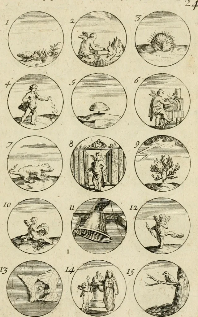 An illustration from Recueil d'emblêmes, devises, medailles, et figures hieroglyphiques, au nombre de plus de douze cent, avec leurs explications : accompagné de plus de deux mille chiffres fleuronnez simples, doubles & triples ... : cet ouvrage qui est enrichy de deux cens cinquante planches en taille-douce, est très-utile aux graveurs, peintres, sculpteurs, orfevres, brodeurs, serruriers & à tous ceux qui travaillent au dessein, 1724, leaf 58