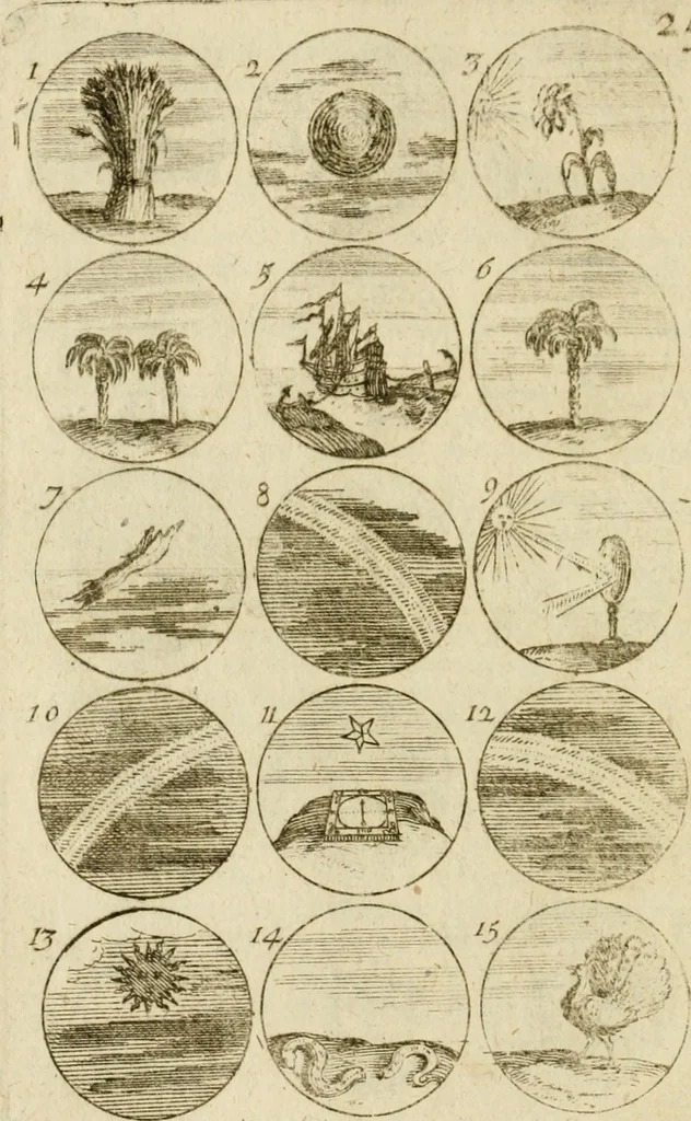 An illustration from Recueil d'emblêmes, devises, medailles, et figures hieroglyphiques, au nombre de plus de douze cent, avec leurs explications : accompagné de plus de deux mille chiffres fleuronnez simples, doubles & triples ... : cet ouvrage qui est enrichy de deux cens cinquante planches en taille-douce, est très-utile aux graveurs, peintres, sculpteurs, orfevres, brodeurs, serruriers & à tous ceux qui travaillent au dessein, 1724, leaf 59