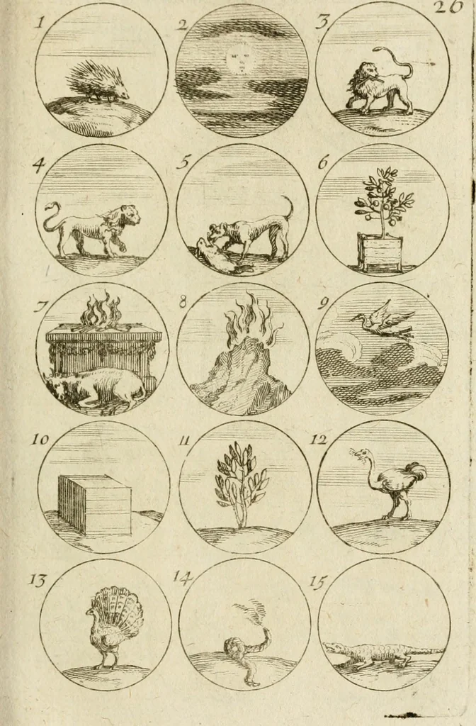 An illustration from Recueil d'emblêmes, devises, medailles, et figures hieroglyphiques, au nombre de plus de douze cent, avec leurs explications : accompagné de plus de deux mille chiffres fleuronnez simples, doubles & triples ... : cet ouvrage qui est enrichy de deux cens cinquante planches en taille-douce, est très-utile aux graveurs, peintres, sculpteurs, orfevres, brodeurs, serruriers & à tous ceux qui travaillent au dessein, 1724, leaf 62