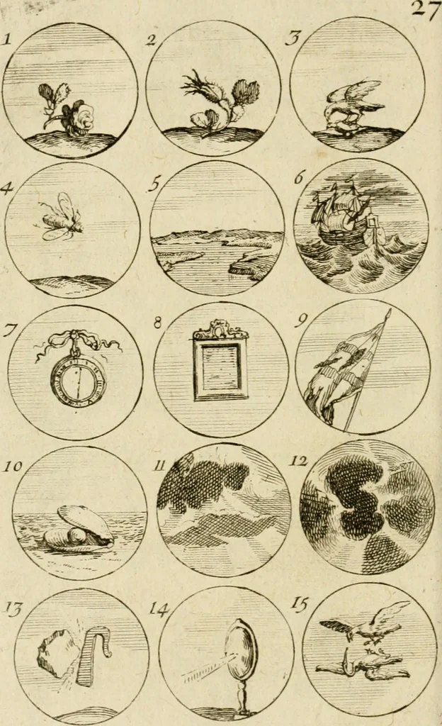 An illustration from Recueil d'emblêmes, devises, medailles, et figures hieroglyphiques, au nombre de plus de douze cent, avec leurs explications : accompagné de plus de deux mille chiffres fleuronnez simples, doubles & triples ... : cet ouvrage qui est enrichy de deux cens cinquante planches en taille-douce, est très-utile aux graveurs, peintres, sculpteurs, orfevres, brodeurs, serruriers & à tous ceux qui travaillent au dessein, 1724, leaf 63