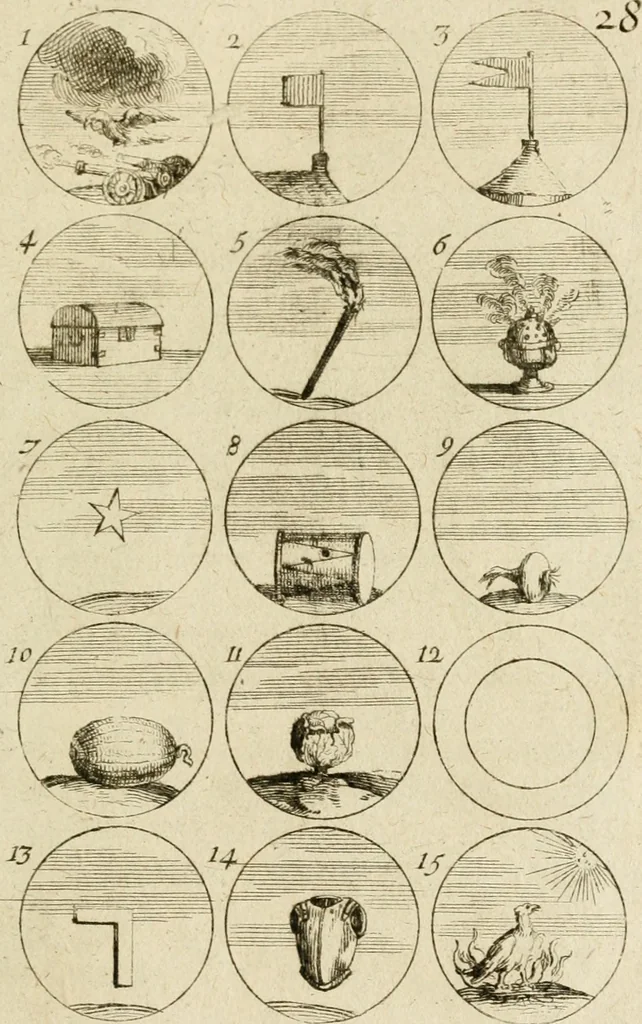 An illustration from Recueil d'emblêmes, devises, medailles, et figures hieroglyphiques, au nombre de plus de douze cent, avec leurs explications : accompagné de plus de deux mille chiffres fleuronnez simples, doubles & triples ... : cet ouvrage qui est enrichy de deux cens cinquante planches en taille-douce, est très-utile aux graveurs, peintres, sculpteurs, orfevres, brodeurs, serruriers & à tous ceux qui travaillent au dessein, 1724, leaf 66