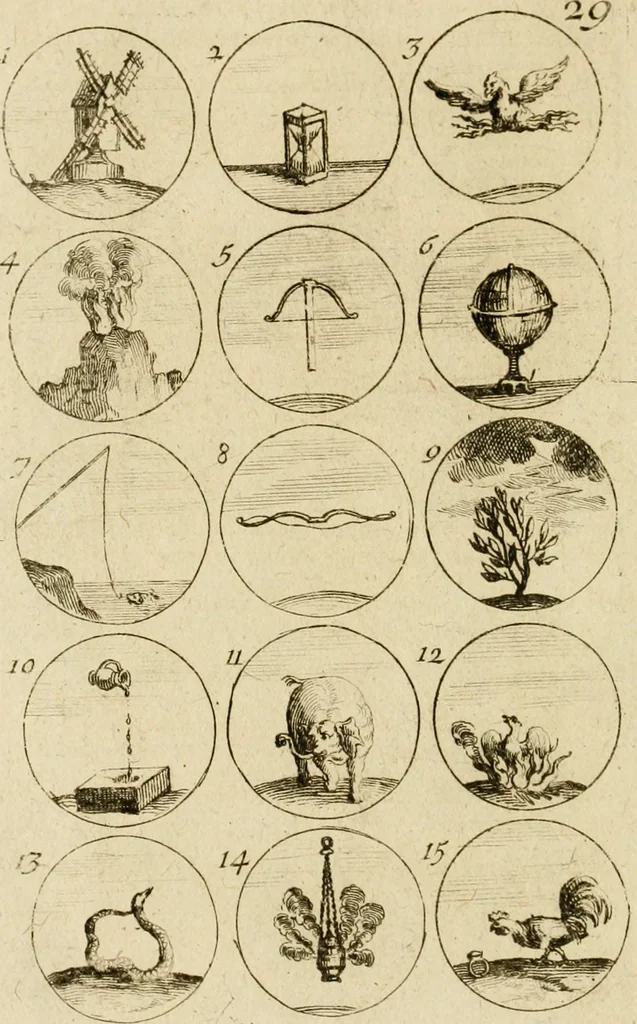 An illustration from Recueil d'emblêmes, devises, medailles, et figures hieroglyphiques, au nombre de plus de douze cent, avec leurs explications : accompagné de plus de deux mille chiffres fleuronnez simples, doubles & triples ... : cet ouvrage qui est enrichy de deux cens cinquante planches en taille-douce, est très-utile aux graveurs, peintres, sculpteurs, orfevres, brodeurs, serruriers & à tous ceux qui travaillent au dessein, 1724, leaf 67