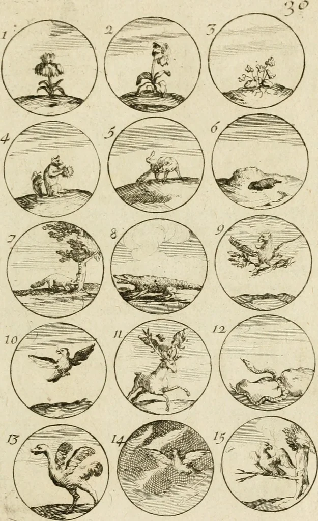 An illustration from Recueil d'emblêmes, devises, medailles, et figures hieroglyphiques, au nombre de plus de douze cent, avec leurs explications : accompagné de plus de deux mille chiffres fleuronnez simples, doubles & triples ... : cet ouvrage qui est enrichy de deux cens cinquante planches en taille-douce, est très-utile aux graveurs, peintres, sculpteurs, orfevres, brodeurs, serruriers & à tous ceux qui travaillent au dessein, 1724, leaf 70