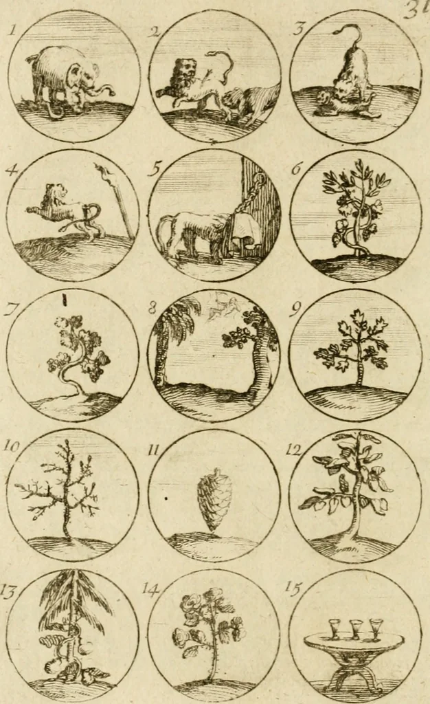 An illustration from Recueil d'emblêmes, devises, medailles, et figures hieroglyphiques, au nombre de plus de douze cent, avec leurs explications : accompagné de plus de deux mille chiffres fleuronnez simples, doubles & triples ... : cet ouvrage qui est enrichy de deux cens cinquante planches en taille-douce, est très-utile aux graveurs, peintres, sculpteurs, orfevres, brodeurs, serruriers & à tous ceux qui travaillent au dessein, 1724, leaf 71