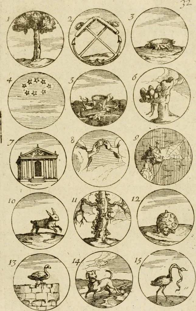 An illustration from Recueil d'emblêmes, devises, medailles, et figures hieroglyphiques, au nombre de plus de douze cent, avec leurs explications : accompagné de plus de deux mille chiffres fleuronnez simples, doubles & triples ... : cet ouvrage qui est enrichy de deux cens cinquante planches en taille-douce, est très-utile aux graveurs, peintres, sculpteurs, orfevres, brodeurs, serruriers & à tous ceux qui travaillent au dessein, 1724, leaf 74