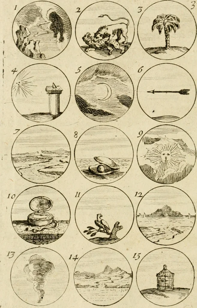 An illustration from Recueil d'emblêmes, devises, medailles, et figures hieroglyphiques, au nombre de plus de douze cent, avec leurs explications : accompagné de plus de deux mille chiffres fleuronnez simples, doubles & triples ... : cet ouvrage qui est enrichy de deux cens cinquante planches en taille-douce, est très-utile aux graveurs, peintres, sculpteurs, orfevres, brodeurs, serruriers & à tous ceux qui travaillent au dessein, 1724, leaf 75
