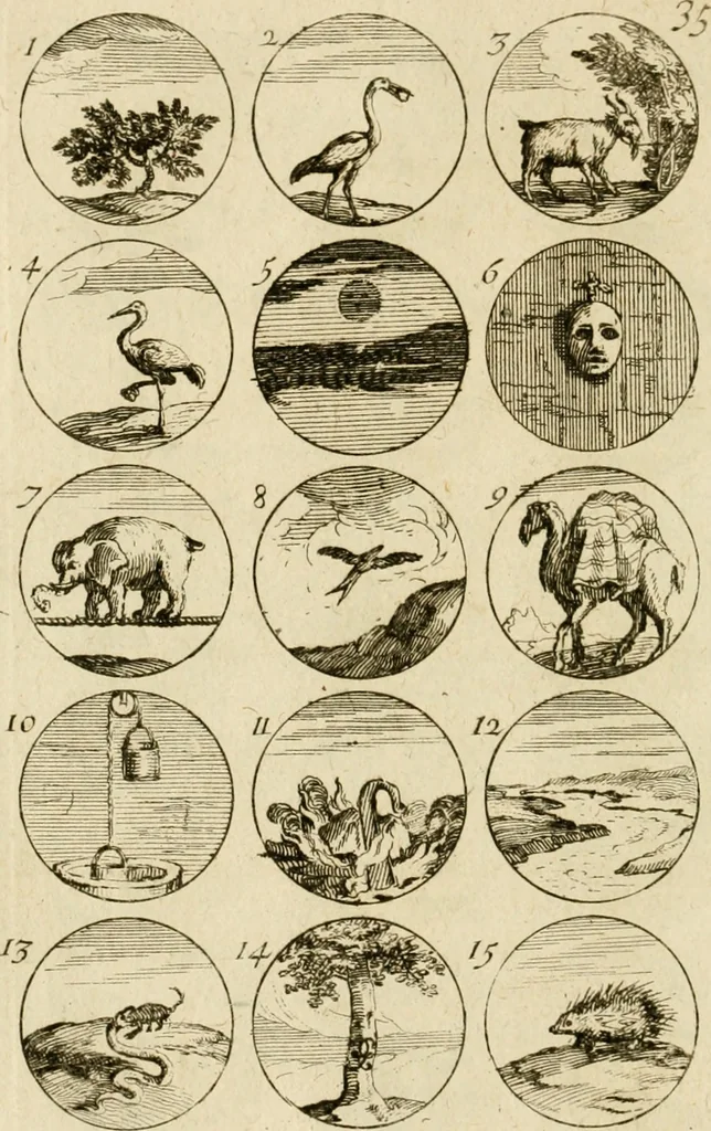 An illustration from Recueil d'emblêmes, devises, medailles, et figures hieroglyphiques, au nombre de plus de douze cent, avec leurs explications : accompagné de plus de deux mille chiffres fleuronnez simples, doubles & triples ... : cet ouvrage qui est enrichy de deux cens cinquante planches en taille-douce, est très-utile aux graveurs, peintres, sculpteurs, orfevres, brodeurs, serruriers & à tous ceux qui travaillent au dessein, 1724, leaf 79