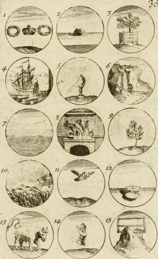 An illustration from Recueil d'emblêmes, devises, medailles, et figures hieroglyphiques, au nombre de plus de douze cent, avec leurs explications : accompagné de plus de deux mille chiffres fleuronnez simples, doubles & triples ... : cet ouvrage qui est enrichy de deux cens cinquante planches en taille-douce, est très-utile aux graveurs, peintres, sculpteurs, orfevres, brodeurs, serruriers & à tous ceux qui travaillent au dessein, 1724, leaf 82