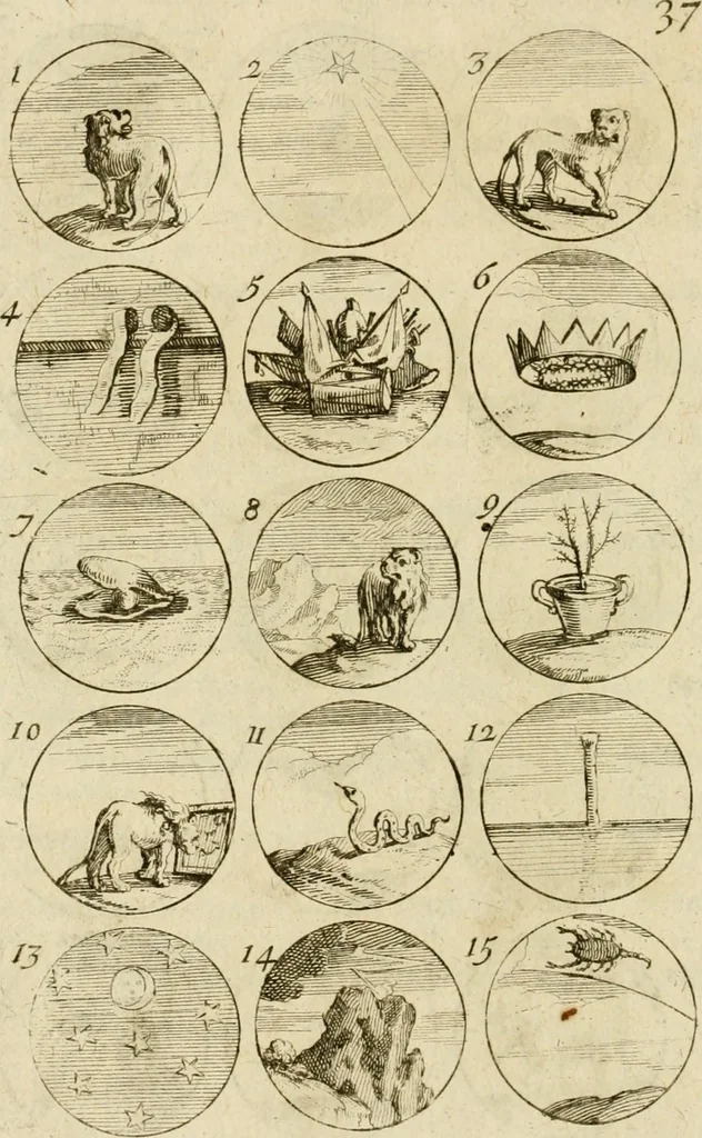 An illustration from Recueil d'emblêmes, devises, medailles, et figures hieroglyphiques, au nombre de plus de douze cent, avec leurs explications : accompagné de plus de deux mille chiffres fleuronnez simples, doubles & triples ... : cet ouvrage qui est enrichy de deux cens cinquante planches en taille-douce, est très-utile aux graveurs, peintres, sculpteurs, orfevres, brodeurs, serruriers & à tous ceux qui travaillent au dessein, 1724, leaf 83