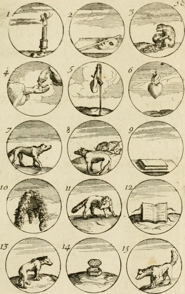 An illustration from Recueil d'emblêmes, devises, medailles, et figures hieroglyphiques, au nombre de plus de douze cent, avec leurs explications : accompagné de plus de deux mille chiffres fleuronnez simples, doubles & triples ... : cet ouvrage qui est enrichy de deux cens cinquante planches en taille-douce, est très-utile aux graveurs, peintres, sculpteurs, orfevres, brodeurs, serruriers & à tous ceux qui travaillent au dessein, 1724, leaf 86