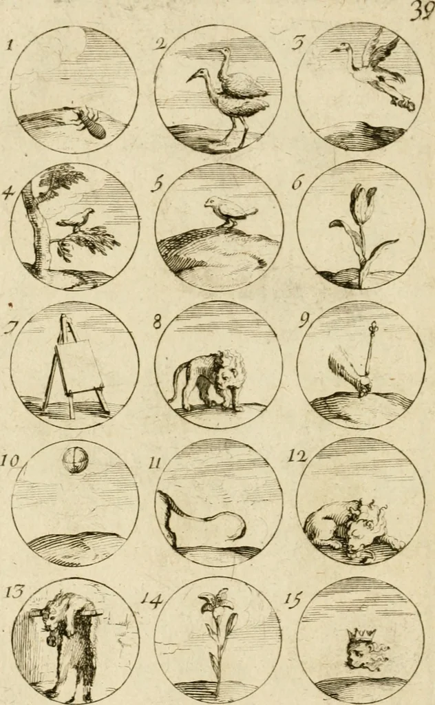 An illustration from Recueil d'emblêmes, devises, medailles, et figures hieroglyphiques, au nombre de plus de douze cent, avec leurs explications : accompagné de plus de deux mille chiffres fleuronnez simples, doubles & triples ... : cet ouvrage qui est enrichy de deux cens cinquante planches en taille-douce, est très-utile aux graveurs, peintres, sculpteurs, orfevres, brodeurs, serruriers & à tous ceux qui travaillent au dessein, 1724, leaf 87