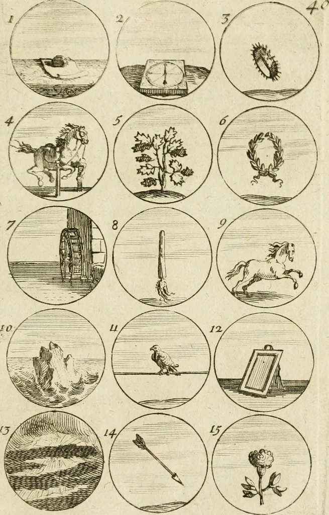 An illustration from Recueil d'emblêmes, devises, medailles, et figures hieroglyphiques, au nombre de plus de douze cent, avec leurs explications : accompagné de plus de deux mille chiffres fleuronnez simples, doubles & triples ... : cet ouvrage qui est enrichy de deux cens cinquante planches en taille-douce, est très-utile aux graveurs, peintres, sculpteurs, orfevres, brodeurs, serruriers & à tous ceux qui travaillent au dessein, 1724, leaf 90