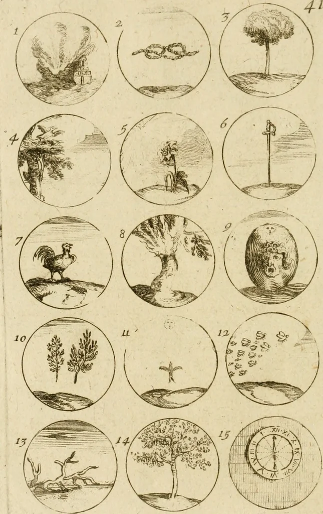 An illustration from Recueil d'emblêmes, devises, medailles, et figures hieroglyphiques, au nombre de plus de douze cent, avec leurs explications : accompagné de plus de deux mille chiffres fleuronnez simples, doubles & triples ... : cet ouvrage qui est enrichy de deux cens cinquante planches en taille-douce, est très-utile aux graveurs, peintres, sculpteurs, orfevres, brodeurs, serruriers & à tous ceux qui travaillent au dessein, 1724, leaf 91
