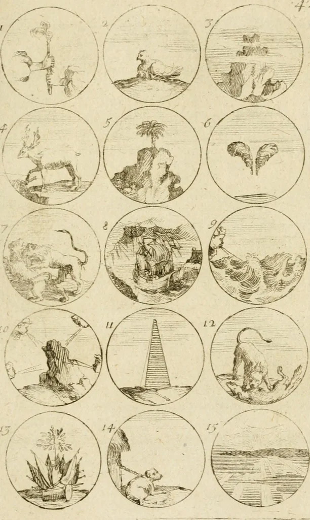 An illustration from Recueil d'emblêmes, devises, medailles, et figures hieroglyphiques, au nombre de plus de douze cent, avec leurs explications : accompagné de plus de deux mille chiffres fleuronnez simples, doubles & triples ... : cet ouvrage qui est enrichy de deux cens cinquante planches en taille-douce, est très-utile aux graveurs, peintres, sculpteurs, orfevres, brodeurs, serruriers & à tous ceux qui travaillent au dessein, 1724, leaf 94