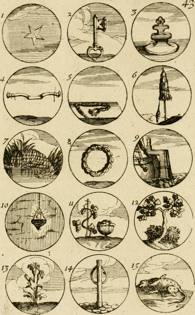 An illustration from Recueil d'emblêmes, devises, medailles, et figures hieroglyphiques, au nombre de plus de douze cent, avec leurs explications : accompagné de plus de deux mille chiffres fleuronnez simples, doubles & triples ... : cet ouvrage qui est enrichy de deux cens cinquante planches en taille-douce, est très-utile aux graveurs, peintres, sculpteurs, orfevres, brodeurs, serruriers & à tous ceux qui travaillent au dessein, 1724, leaf 95