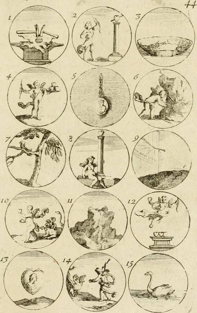An illustration from Recueil d'emblêmes, devises, medailles, et figures hieroglyphiques, au nombre de plus de douze cent, avec leurs explications : accompagné de plus de deux mille chiffres fleuronnez simples, doubles & triples ... : cet ouvrage qui est enrichy de deux cens cinquante planches en taille-douce, est très-utile aux graveurs, peintres, sculpteurs, orfevres, brodeurs, serruriers & à tous ceux qui travaillent au dessein, 1724, leaf 98
