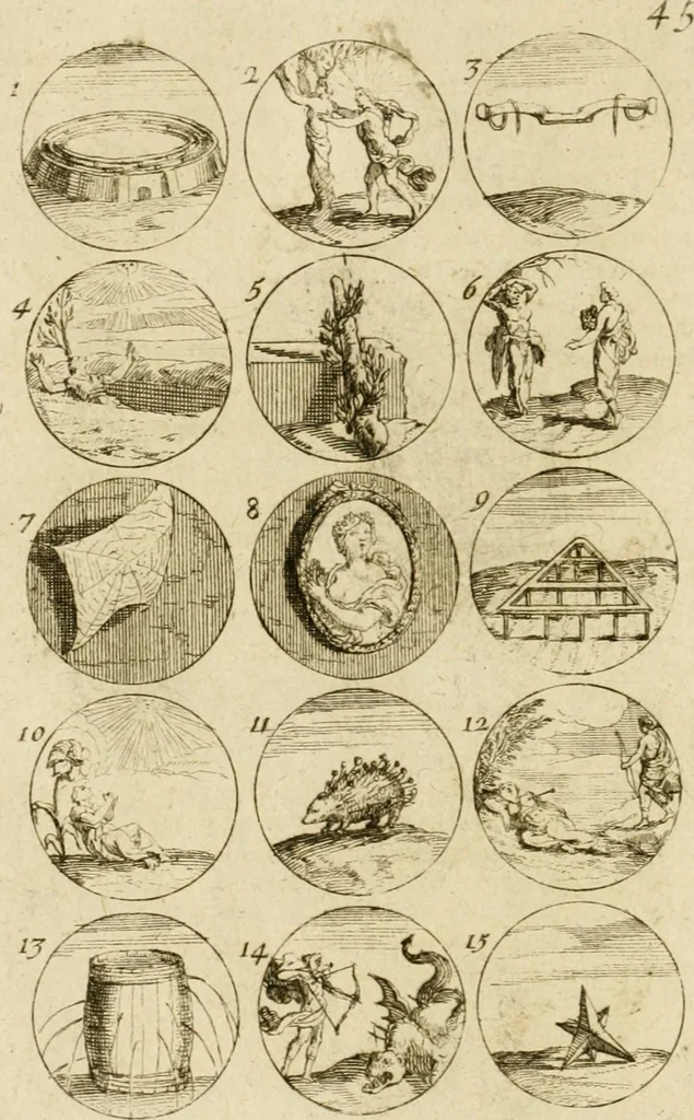 An illustration from Recueil d'emblêmes, devises, medailles, et figures hieroglyphiques, au nombre de plus de douze cent, avec leurs explications : accompagné de plus de deux mille chiffres fleuronnez simples, doubles & triples ... : cet ouvrage qui est enrichy de deux cens cinquante planches en taille-douce, est très-utile aux graveurs, peintres, sculpteurs, orfevres, brodeurs, serruriers & à tous ceux qui travaillent au dessein, 1724, leaf 99